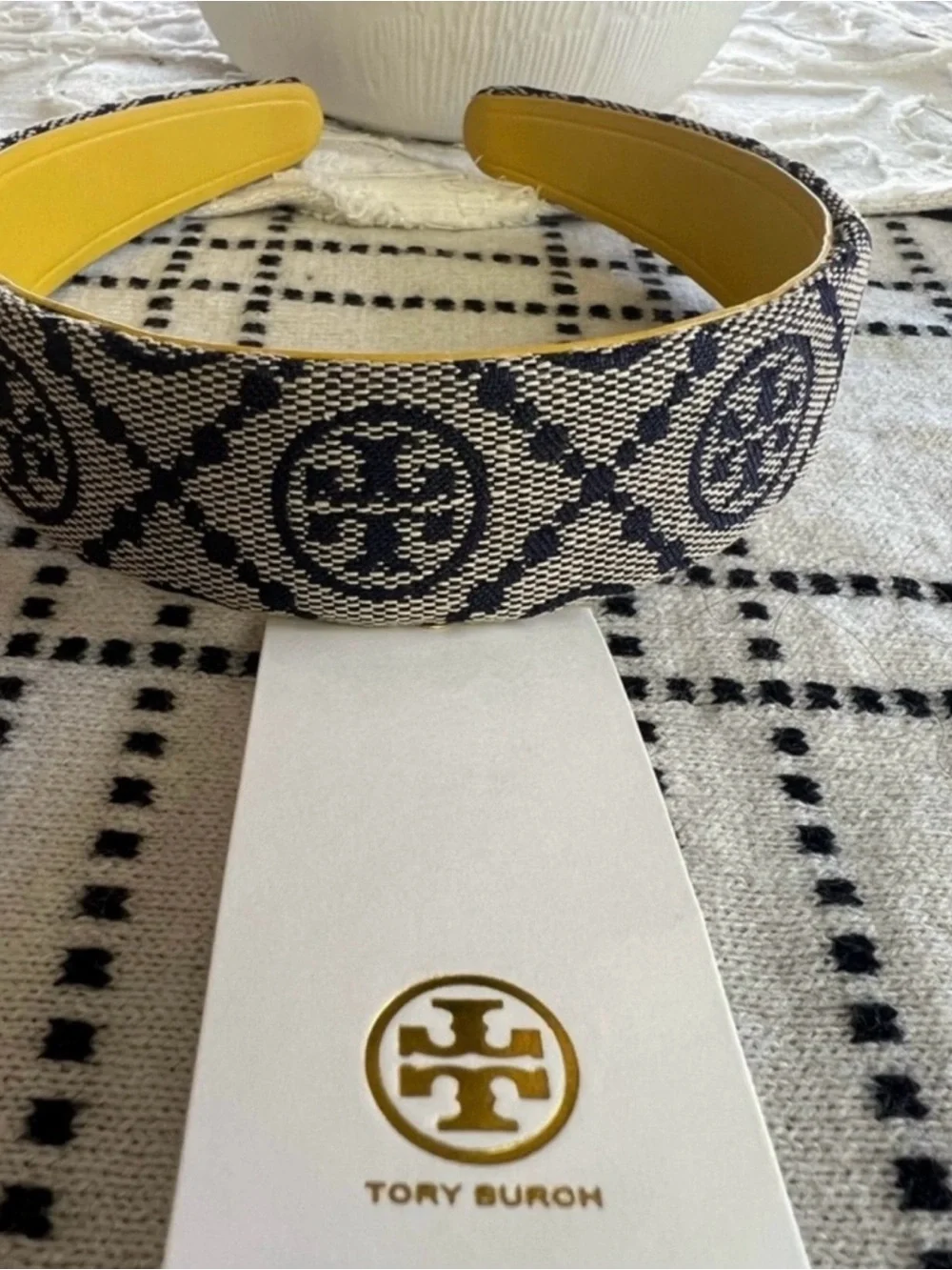 Tory Burch Navy and Ivory Logo Jacquard Headband